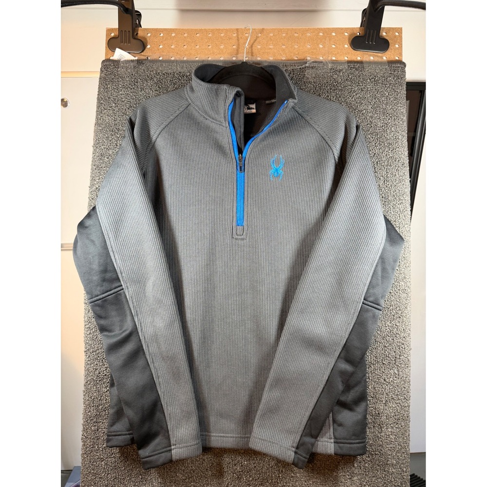 Spyder Quarter Zip Pullover Mens Medium Grey Blue Waffle Knit Fleece 492